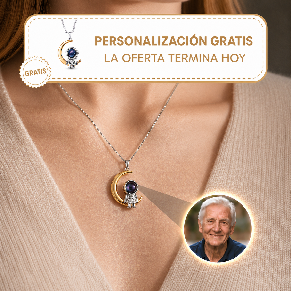 Colgante memorial Astromoria con astronauta en la luna, puesto en el cuello